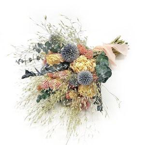 Wedding Bouquet, Dried Flowers, Preserved Floral, Peonies, Pink and Blue, Eucalyptus, Bridal, Globe Thistle, Cream, Spring Bouquet