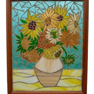 Van Gogh Sunflower Stained Glass Window Hanging, Mosaic of Famous Painting, Yellow Flowers with Teal Green Background