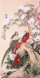 ORIENTAL ASIAN ART CHINESE FAMOUS WATERCOLOR PAINTING-Golden birds lover&peony