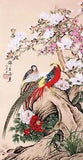 ORIENTAL ASIAN ART CHINESE FAMOUS WATERCOLOR PAINTING-Golden birds lover&peony