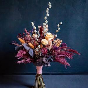 Winter wedding Bridal bouquet / Burgundy, rose gold, peach, pink  Dried flowers  bouquet / Rose, thistle, pampas grass, berries, eucalyptus