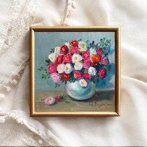 Bouquet of RANUNCULUS flowers original painting miniature still life floral art small botanical painting 4x4 in.
