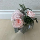 Artificial Pink Roses Leaves Hydrangeas Small Mirror Glass Vase Spring Decor
