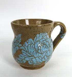 Hand Thrown Brown Speckled Mug w Light Blue Peony Flowers Studio Art Pottery