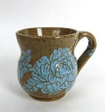 Hand Thrown Brown Speckled Mug w Light Blue Peony Flowers Studio Art Pottery