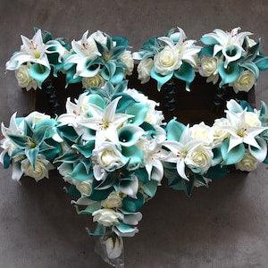 Teal Wedding Bouquets, Real Touch Flowers, Calla Lily, Ivory Roses, Tiger Lilies, Customize your pakcage