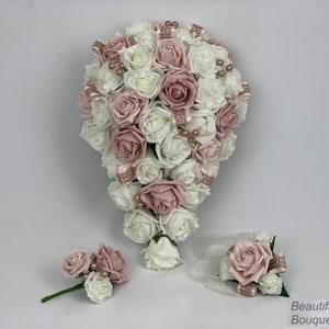 Artificial wedding bouquets flowers sets ivory blush pink with rose gold