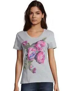 Hanes Women Tee Short Sleeve V Neck Graphic Luscious Peonies Flower Pink Gray
