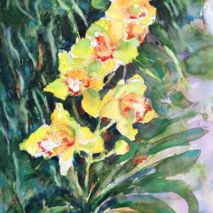 Expressive, bright yellow orchids painting, Original watercolour, modern floral, botanical wall art decor, Collectible art gift, 12 x 16 in