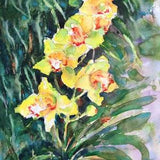 Expressive, bright yellow orchids painting, Original watercolour, modern floral, botanical wall art decor, Collectible art gift, 12 x 16 in