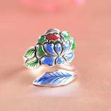 Real Solid 925 Sterling Silver Band Men Women Enamel Big Peony Flower Open Ring