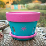 Lucky Love - Hand painted, 6 inch abstract acrylic orchid pot, pink and turquoise, decorative pot, terracotta pot, home d???cor