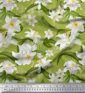 Soimoi Cotton Poplin Fabric Leaves & Lily Floral Print Fabric by-USD