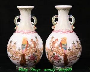 6" Qianlong Marked Colour Enamel Porcelain Peony Flower Bird Bottle Vase Pair