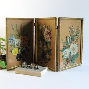 3 Flower Bouquet Paintings on Glass Vintage Gold Framed Triptych Folding Screen Art - Still Life Paintings