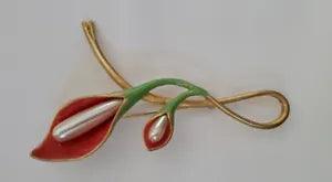 Large VINTAGE CALLA LILY FLOWER PIN BROOCH GREEN ORANGE ENAMEL FAUX PEARL 4"