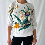 80s vintage white colorful sunflower pullover sweater ?C small | graphic floral applique beaded nature landscape crew neck unisex sweatshirt