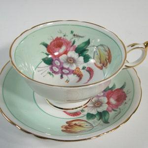 Double Warrant Paragon Tea cup And Saucer, Mint Green Teacup Set with Bouquet of Flowers.