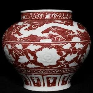 12.4" Chinese Porcelain yuan dynasty Underglaze red peony flower dragon Jar pot