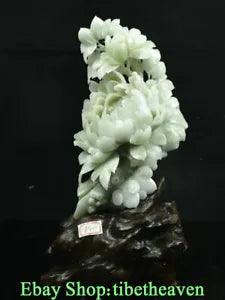 16" Chinese Natural Xiu Jade Carving Feng Shui Peony Flower Luck Sculpture
