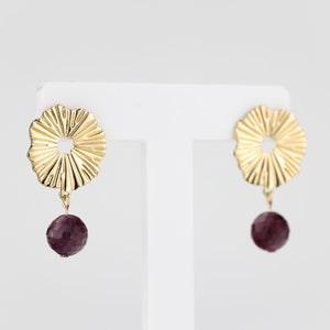 Starburst ruby dangle earrings, 14k gold filled, natural rough raw ruby earrings, red corundum, sunbeam, sun ray, blooming sunflower,vintage