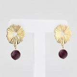 Starburst ruby dangle earrings, 14k gold filled, natural rough raw ruby earrings, red corundum, sunbeam, sun ray, blooming sunflower,vintage