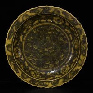 15.6" Antique ming dynasty Porcelain Ink color cloud Dragon peony flowers plate