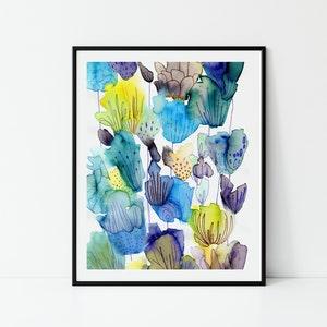 Blue & Yellow Abstract Watercolour Flowers Art Print, Floral Painting, Modern Floral Wall Art, Living Room, Bedroom, Art Gift, Wall Decor
