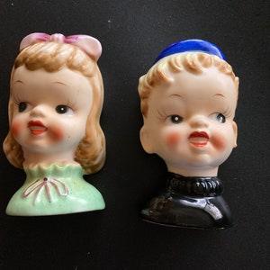 Wall Pocket Set Boy and Girl Head Figures vases Ceramic Japan Ucagco