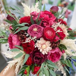 Fuchsia & Pink Wedding Bouquets, Rose Red Wedding Flowers, Bright Pink Bridal Bridesmaid Bouquet, Rustic Pink Wedding Silk Flower Bouquets