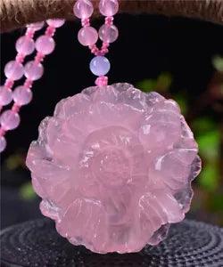 Genuine Natural Rose Quartz Madagascar Carved Peony Flowers Necklace Pendant AAA