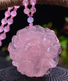 Genuine Natural Rose Quartz Madagascar Carved Peony Flowers Necklace Pendant AAA