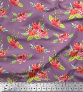 Soimoi Purple Velvet Fabric Leaves & Peony Floral Decor Fabric Printed-cWA