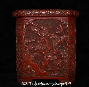 Wood Lacquerware Dynasty Plum blossom Peony Flower Brush Pot Pencil Holder Vase