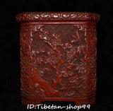 Wood Lacquerware Dynasty Plum blossom Peony Flower Brush Pot Pencil Holder Vase