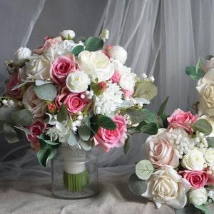 Pink And Cream Ivory Wedding Bouquet, Real Touch Roses, Lamb's ears, Boho Silk Bridal Bouquet, The Lily of Valley