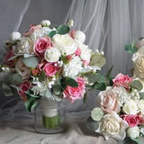 Pink And Cream Ivory Wedding Bouquet, Real Touch Roses, Lamb's ears, Boho Silk Bridal Bouquet, The Lily of Valley
