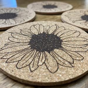 Laser Engraved Cork Coasters | Cork coasters | Bar Coasters | Tableware | Sunflower