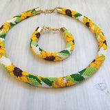 Sunflowers beaded jewelry set Ukrainian native necklace Crochet seed beads bracelet Yellow big flowers design White statement jewelry