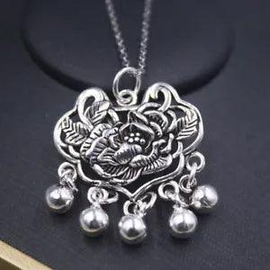 Real Sterling Silver Women Pendant Lucky Peony Flower Ruyi Lock Pendant 30x26mm