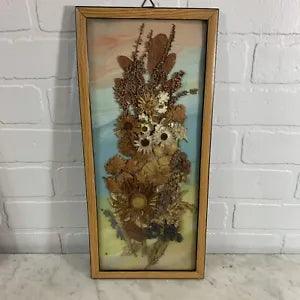 Vintage Dried Flowers Under Glass Framed Watercolor Bouquet 70s Boho 17???