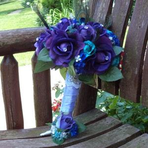 Peacock Bridal Bouquet / Teal and Purple Real Touch Silk Bridal Bouquet / Grooms Boutonniere / Silk Wedding Flowers / Peacock Wedding