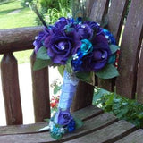 Peacock Bridal Bouquet / Teal and Purple Real Touch Silk Bridal Bouquet / Grooms Boutonniere / Silk Wedding Flowers / Peacock Wedding