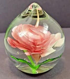 SDS Seapoot Pink Peony Flower Glass Paperweight Pink Green Tag 3 1/2