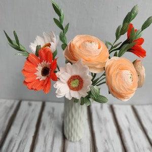 Paper flower bouquet, Crepe paper flowers, Paper ranunculus bouquet, Paper gerberas for vase, Flowers birthday gift for girlfriend