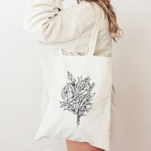 Floral Cotton Tote Bag, Peony Bouquet Art, Botanical Line Art, Gift for Her, Boho Bag, Book Bag, Long Handle Tote Bag, Bridesmaid Gift