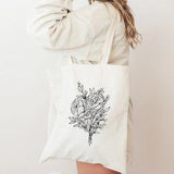 Floral Cotton Tote Bag, Peony Bouquet Art, Botanical Line Art, Gift for Her, Boho Bag, Book Bag, Long Handle Tote Bag, Bridesmaid Gift