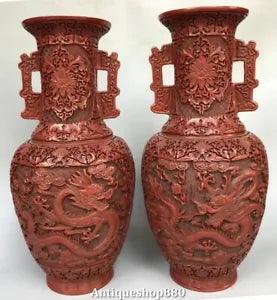 18" Old Wood Lacquerware Dragon Play Beads Peony Flower Bottle Vase Jar Pot Pair