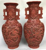 18" Old Wood Lacquerware Dragon Play Beads Peony Flower Bottle Vase Jar Pot Pair