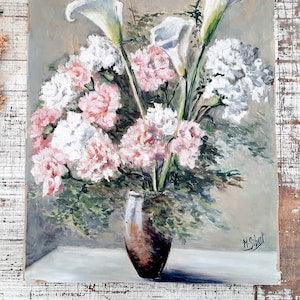Large Bouquet of Flowers in Vase Oil Painting on Cardboard, Antique French Still Life Painting, Peonies Bouquet of Flowers Painting